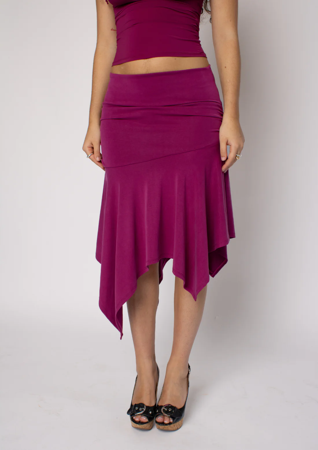 Asymmetric Draped Midi Skirt In Raspberry Ripple Modal - Image 3