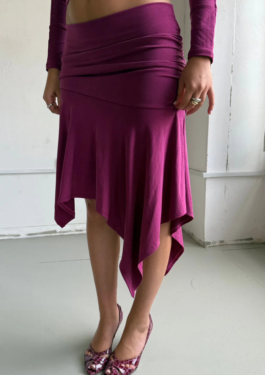 Asymmetric Draped Midi Skirt In Raspberry Ripple Modal - Image 4