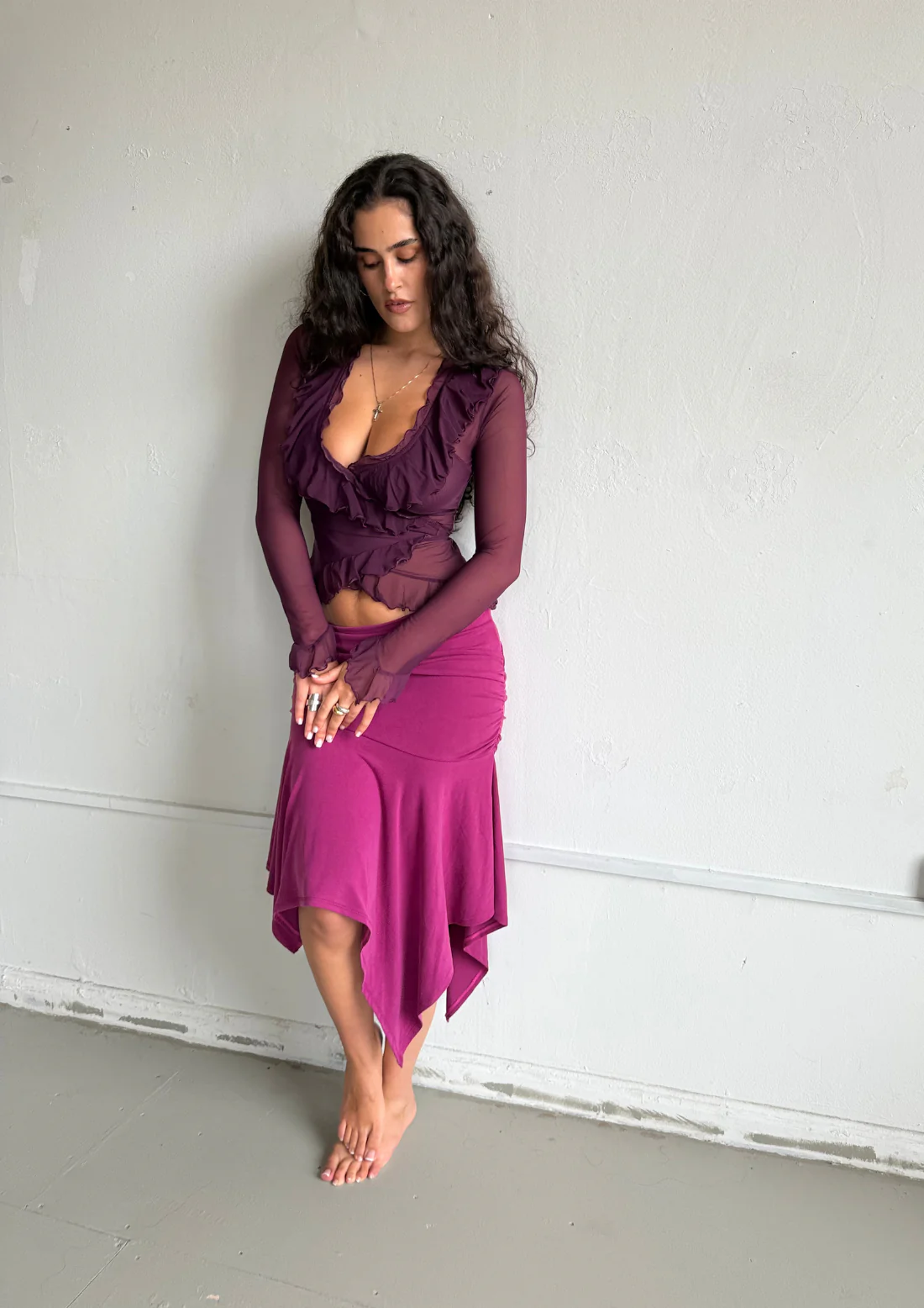 Asymmetric Draped Midi Skirt In Raspberry Ripple Modal - Image 5