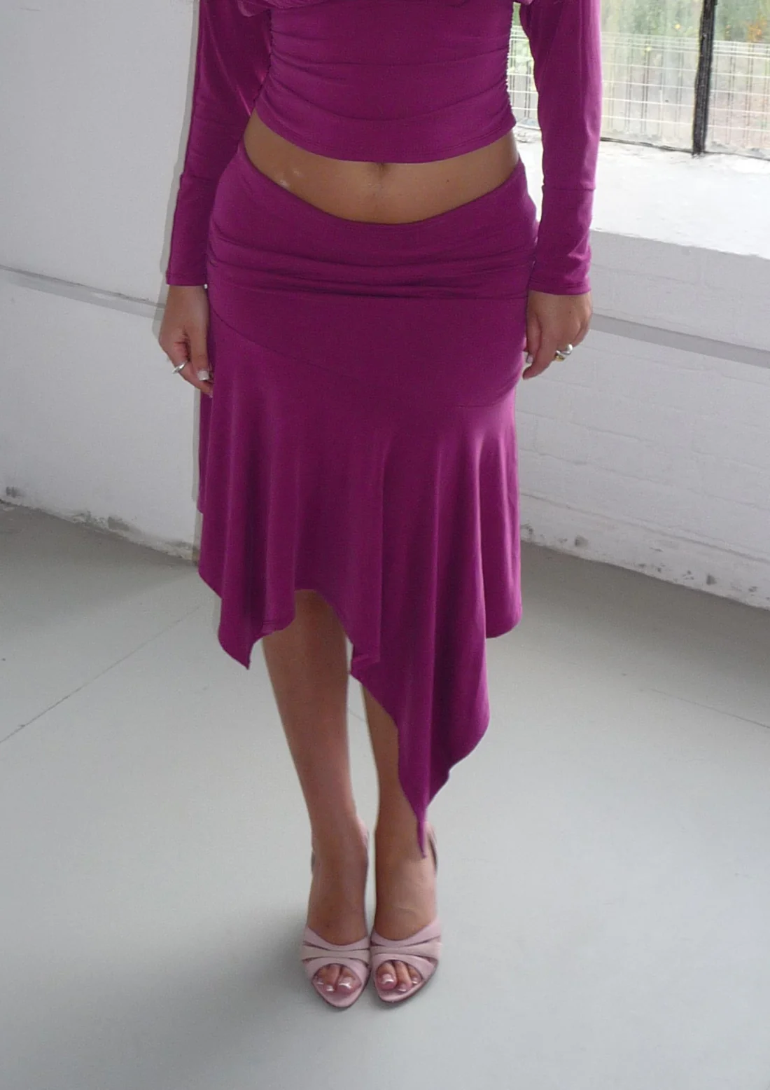 Asymmetric Draped Midi Skirt In Raspberry Ripple Modal - Image 6