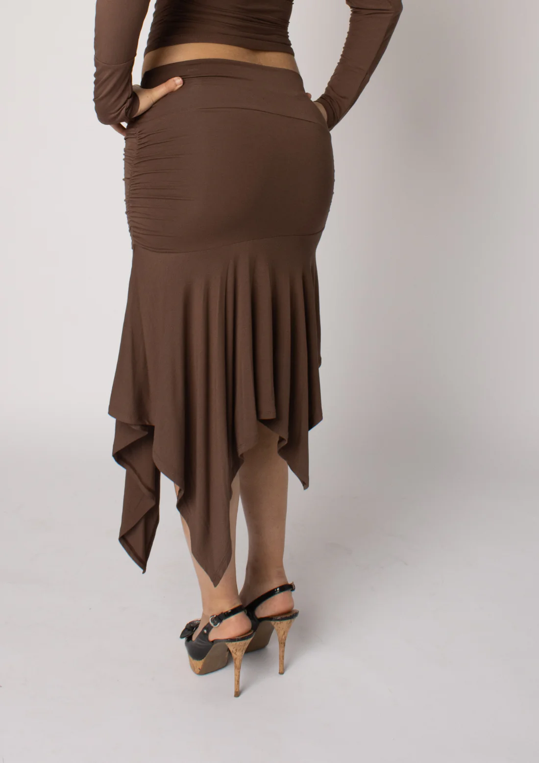 Asymmetric Draped Midi Skirt In Mocha With Trim Detail - Image 3