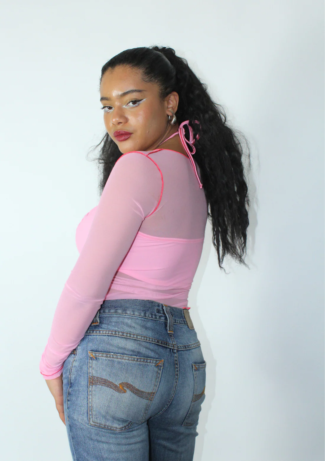 Fuller Bust Long Sleeve Mesh Fantasy Top In Pink With Lettuce Edge - Image 4