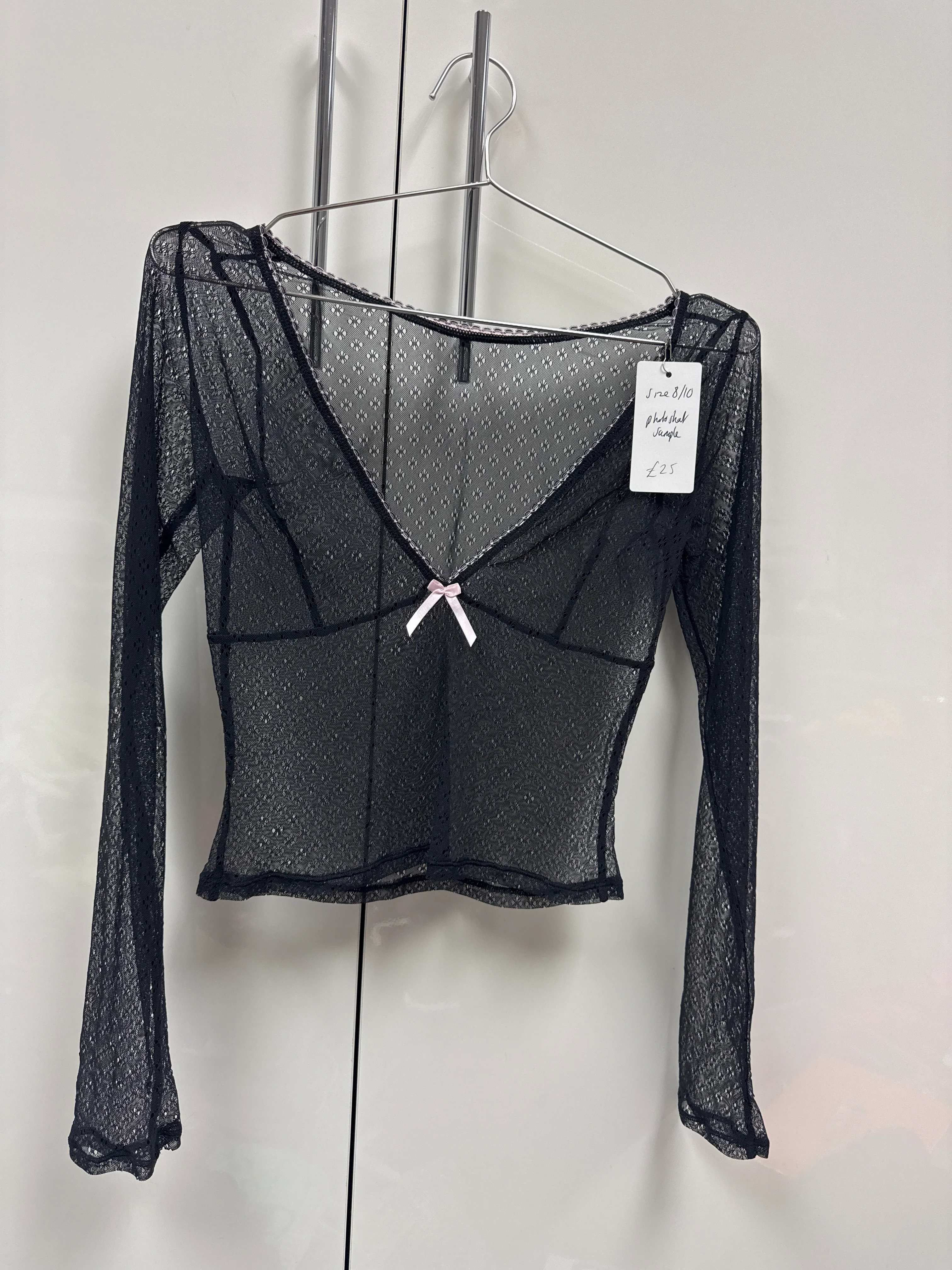 Sheer Long Line Top In Black With Bow Detail - Image 3